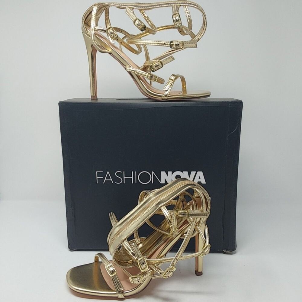 Fashion Nova Sandals Womens 6.5 Gold Gladiator Strappy Stiletto Heel Open Toe